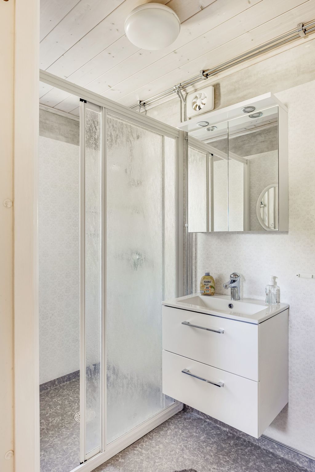 A bathroom with a glass shower enclosure, a white vanity with a mirror, and a ceiling light fixture.