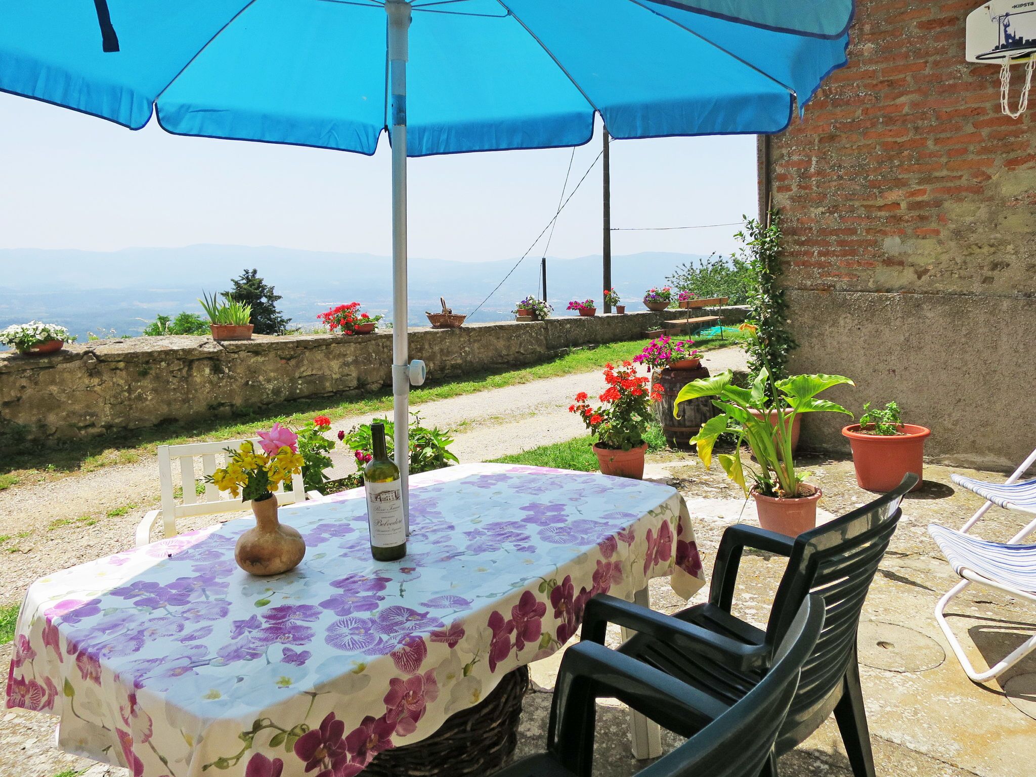 Une terrasse extérieure avec une table recouverte d’une nappe à motifs floraux, entourée de plantes en pot et d’un parasol bleu.