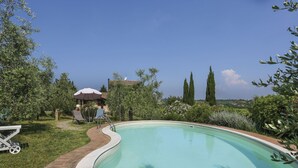 Piscina com borda curva, rodeada por um caminho de tijolos e vegetação exuberante.