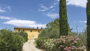 A yellow building with a dirt path leading to it, surrounded by greenery and flowering plants. - Carbonaia (PAA134) by Interhome (Palaia)