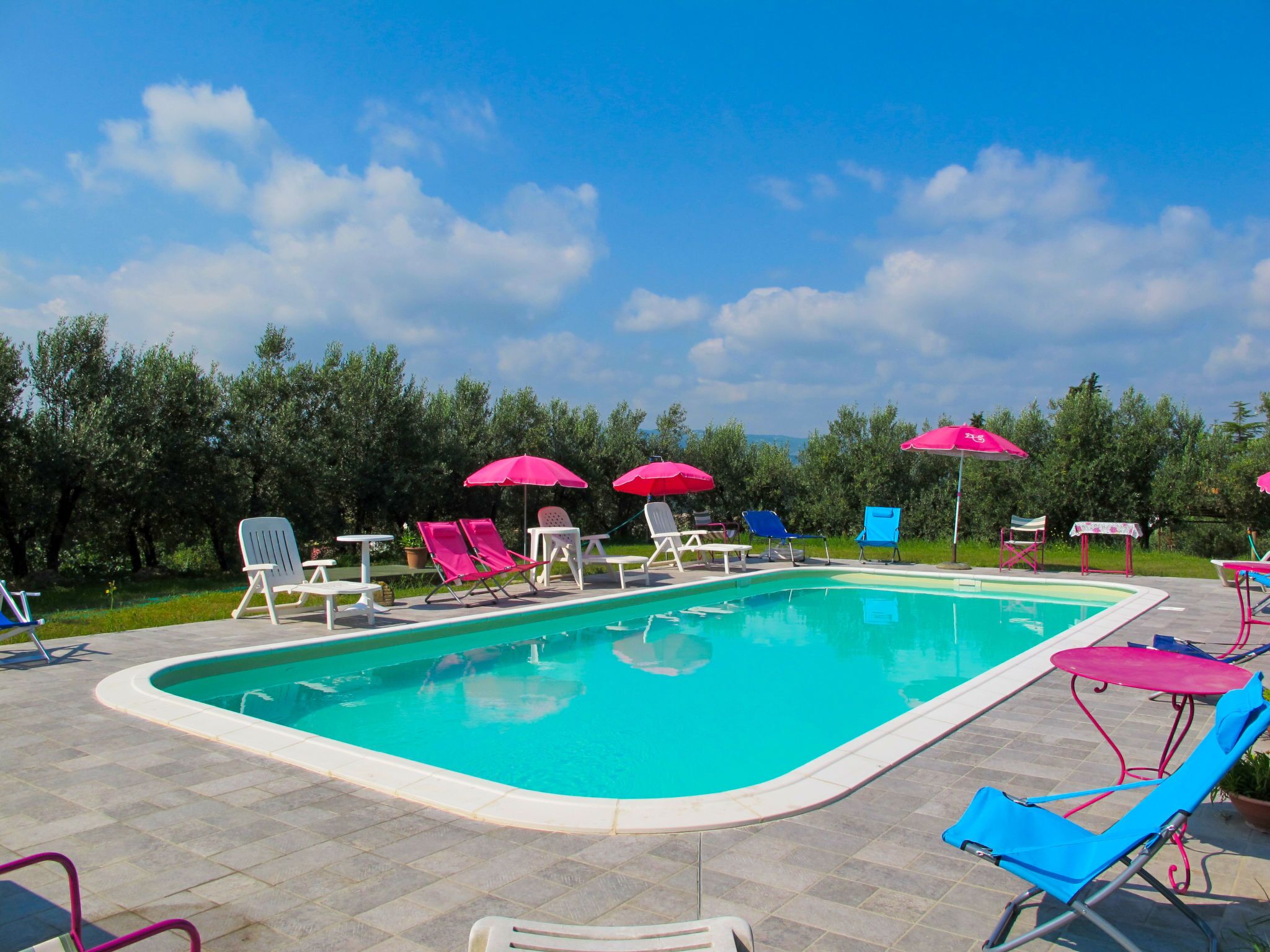 A swimming pool with lounge chairs and umbrellas, surrounded by trees.