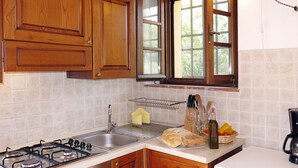 A kitchen with wooden cabinets, a gas stove, a sink, and a window with a view of greenery. - L'Uccelliera by Interhome (San Giuliano Terme)
