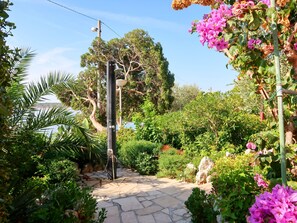 Stroll through the serene garden, surrounded by lush greenery and vibrant flowers, leading to a beautifully designed entrance.