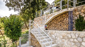 A stone staircase with metal railings leading to a wooden deck. - Filip & Katja by Interhome (Mošćenička Draga)