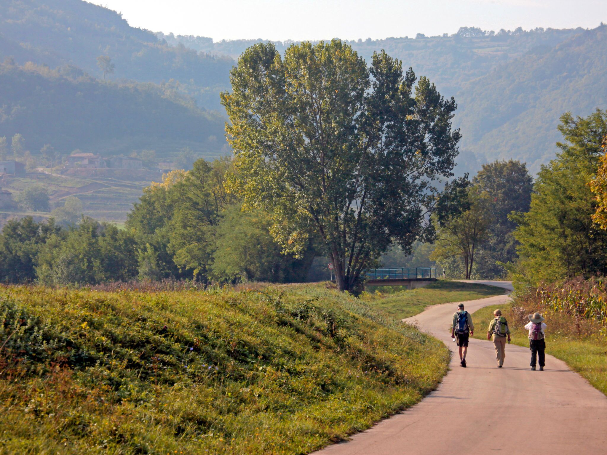 A rural road with a bridge, surrounded by greenery and hills.