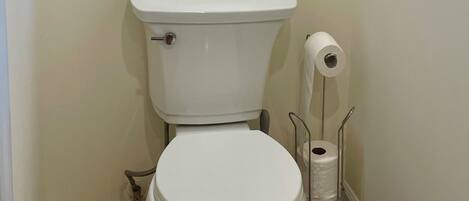 A bathroom with a white toilet, wooden cabinet above, and a toilet paper holder.