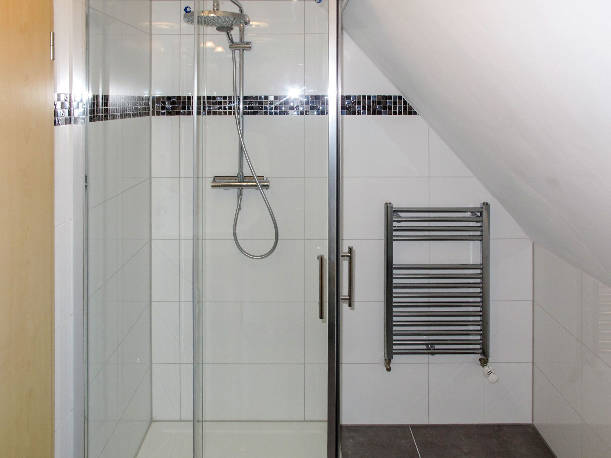 A glass-enclosed shower with a handheld showerhead and a wall-mounted towel rack.