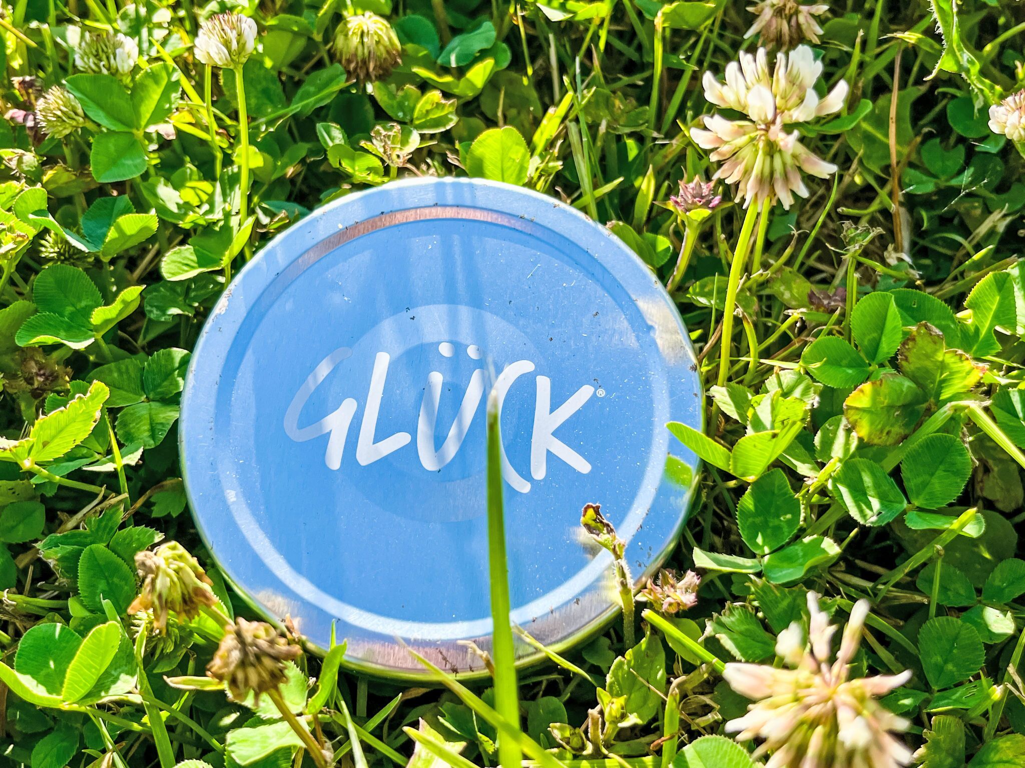 A blue sign with the word "GLÜCK" surrounded by green foliage.