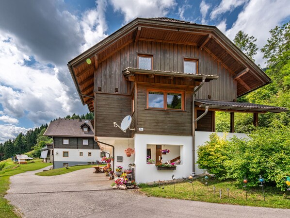 A large wooden house with a sloped roof, a satellite dish, and a small porch with potted plants. - Herzele by Interhome (Arriach)