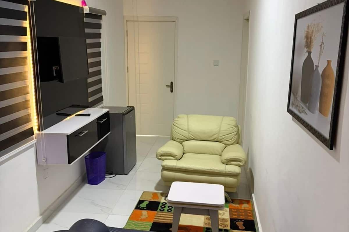 A compact living space with a sofa, a small table, a chair, a TV, and a door.