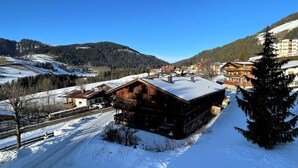 Tipico chalet in legno con tetto spiovente, immerso in campi innevati e montagne.