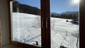 Una finestra con vista su un paesaggio innevato, che include un cielo sereno e montagne in lontananza.