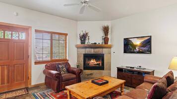 Téléviseur connecté, foyer, lecteur de DVD, livres