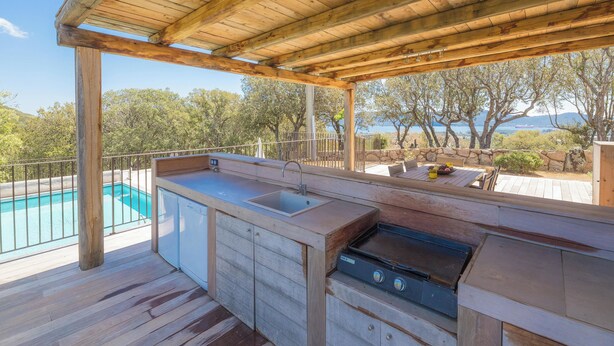 Une cuisine extérieure dotée d’un évier intégré, d’un barbecue et offrant une vue sur une piscine et des arbres.