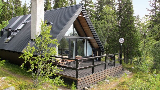 Une cabane avec un toit en pente, une terrasse dotée de mobilier d’extérieur et une cheminée.