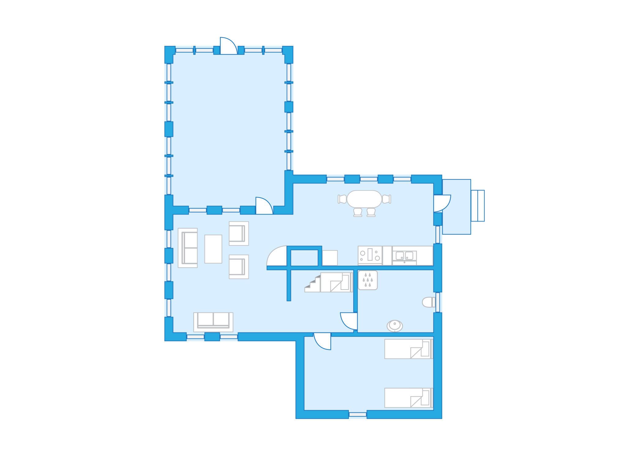 A floor plan with a living room, kitchen, dining area, and two bedrooms.