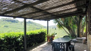 Un espace extérieur abrité, aménagé avec une table et des chaises, offrant une vue sur un paysage verdoyant et luxuriant.