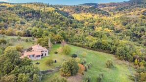 Ein Steinhäuschen mit rotem Dach, umgeben von einer üppigen grünen Landschaft und einem bewaldeten Hügel im Hintergrund.