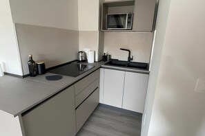 Kühlschrank, Mikrowelle, Herdplatte, Kochgeschirr/Geschirr/Besteck