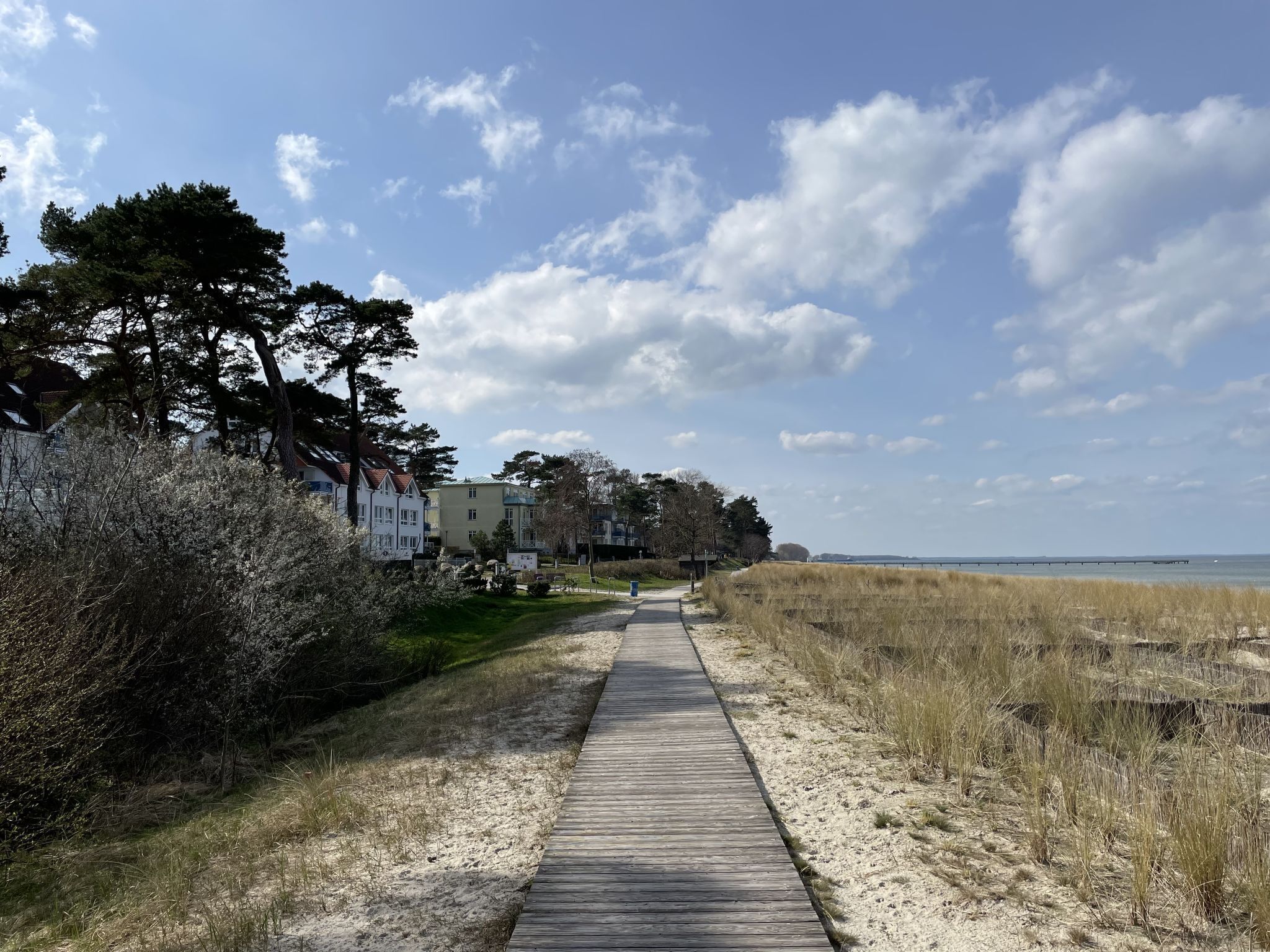 A wooden boardwalk leading to a beach with houses in the background.