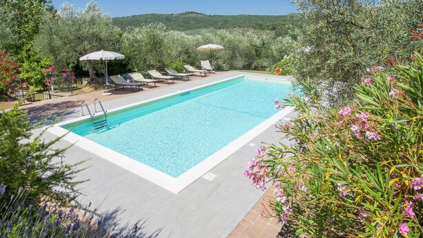 Une piscine rectangulaire à l’eau d’un bleu cristallin, entourée de chaises longues et de parasols, le tout se fondant dans un décor de verdure luxuriante et de collines.