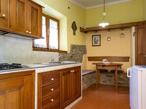 Fridge, highchair, cookware/dishes/utensils