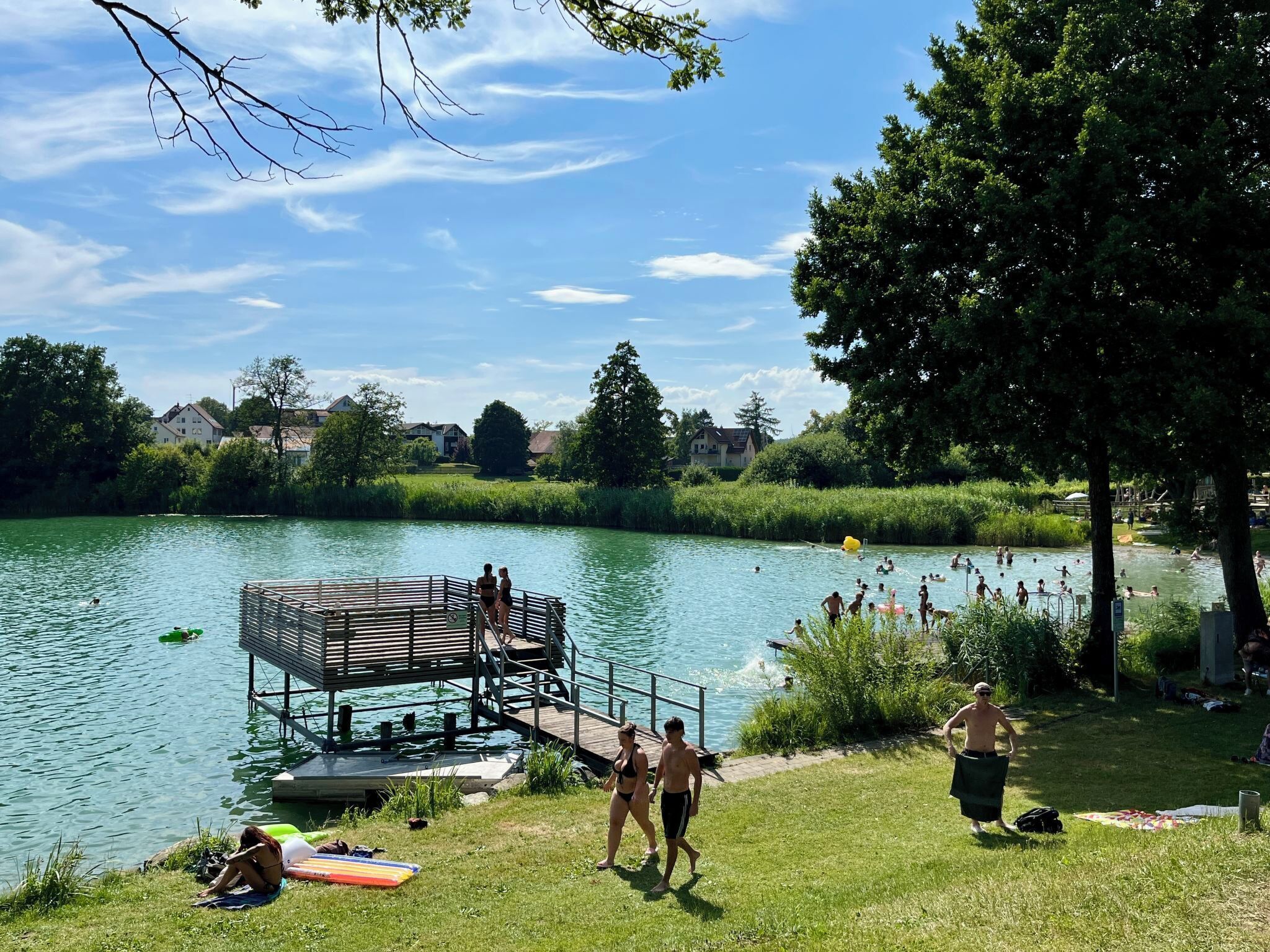 A lakeside park with a wooden dock, grassy areas, and a swimming area.