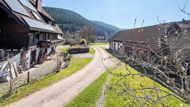 Un village rural avec des maisons traditionnelles en bois, un chemin de terre et un paysage montagneux en arrière-plan.