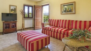 Ein Wohnzimmer mit Sofa, Hocker, Fernseher und Blick ins Freie.