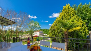 A table with a fruit bowl, a bottle, and a glass on a balcony with a view of trees and a house.