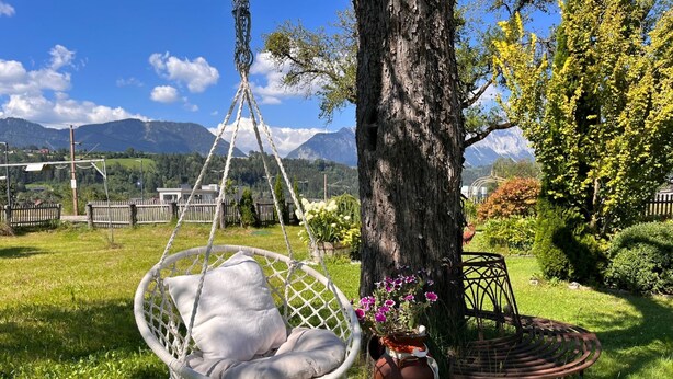 A hammock chair with cushions, a metal chair, and a potted plant with flowers, set in a grassy area with a tree and a view of mountains in the background. - Apartment Moser by Interhome (Stein an der Enns)