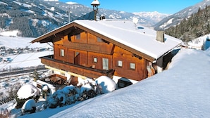 A wooden chalet with a sloped roof, large windows, and a chimney.