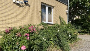 Een bakstenen gebouw met een raam en een zonnepaneel op de gevel.