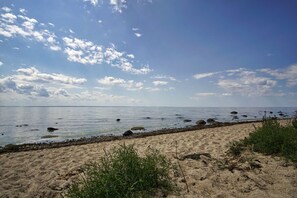 A beach with a sandy shore, scattered rocks, and sparse vegetation.