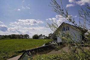 A house with a sloped roof and large windows, surrounded by a green field and trees.