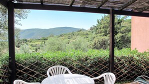 A covered outdoor seating area with a table and chairs, overlooking a lush landscape with hills and trees.