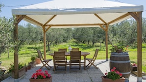 A covered outdoor seating area with a table and chairs, surrounded by potted plants and a large barrel. - Le Macine by Interhome (Cecina)