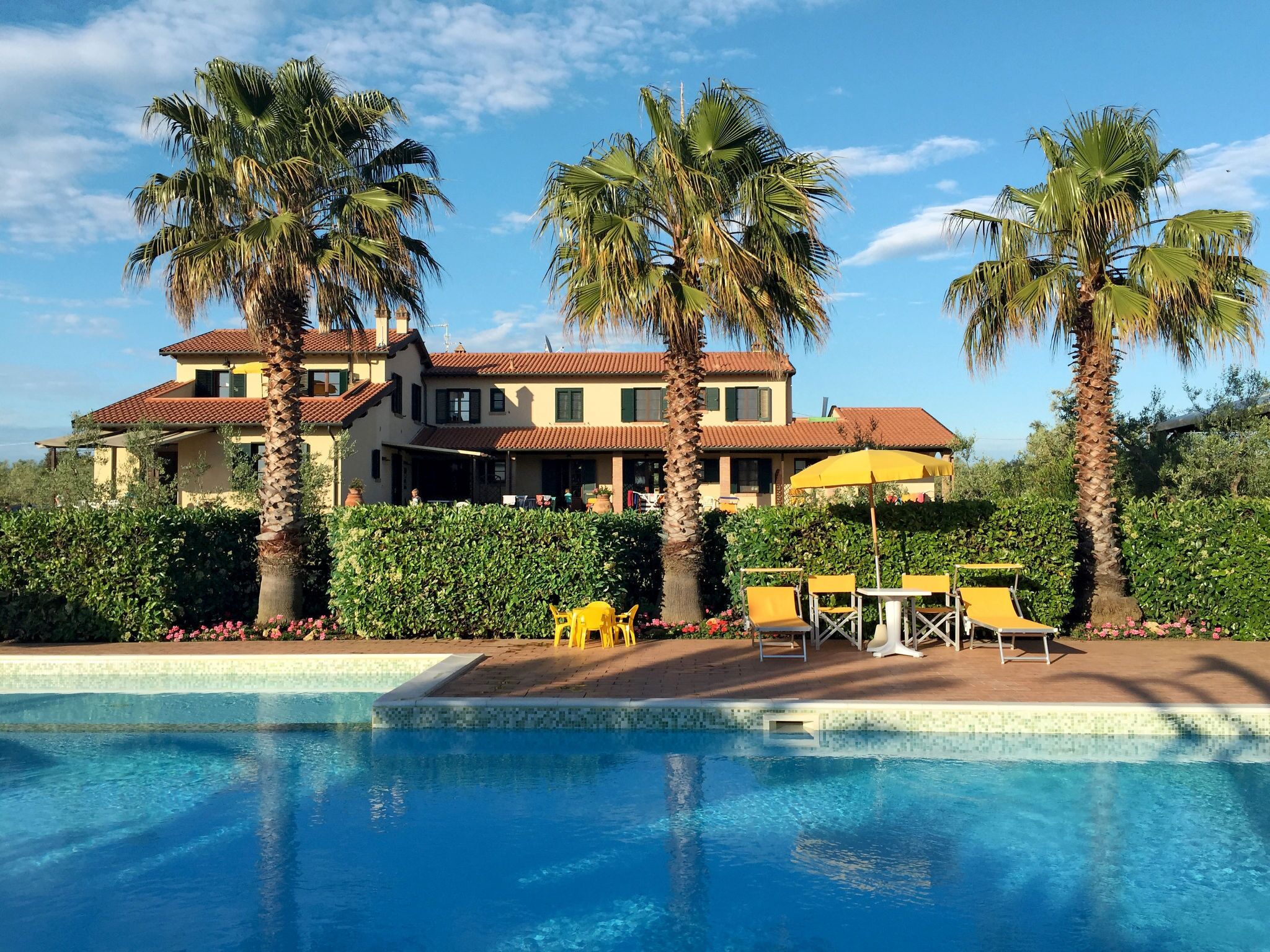 Ein großes Haus mit Swimmingpool, umgeben von Palmen und einem gepflegten Garten.