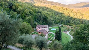 Una casa de piedra rústica con jardín, rodeada de exuberante vegetación y colinas.