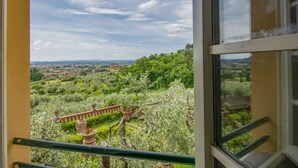 A balcony with a view of a lush green landscape, including trees and a distant town.