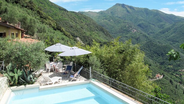 A swimming pool with lounge chairs and umbrellas, surrounded by lush greenery and mountains. - La Grotta by Interhome (Camaiore)