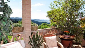 A patio with wicker furniture, potted plants, and a view of mountains. - Capo Corso by Interhome (Corsanico)