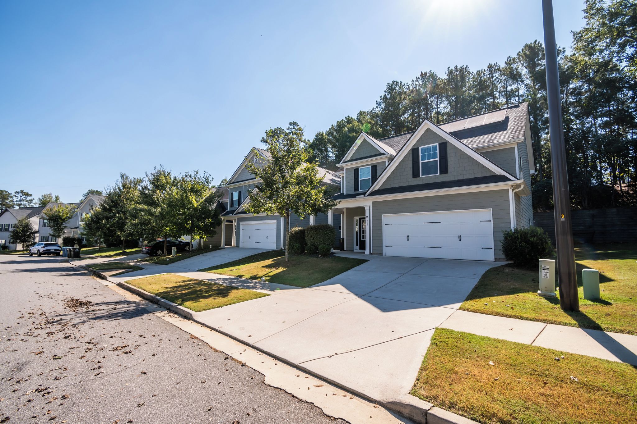 A residential street with houses, a driveway, and a sidewalk.