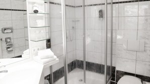 A modern bathroom with a glass-enclosed shower, a white sink, and a toilet.
