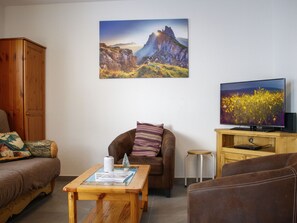 Een televisie, een open haard en een dvd-speler