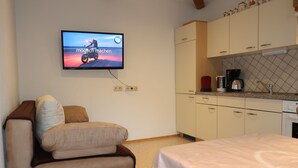 Une pièce de taille modeste comprenant un canapé, un lit, un coin cuisine et un téléviseur fixé au mur.