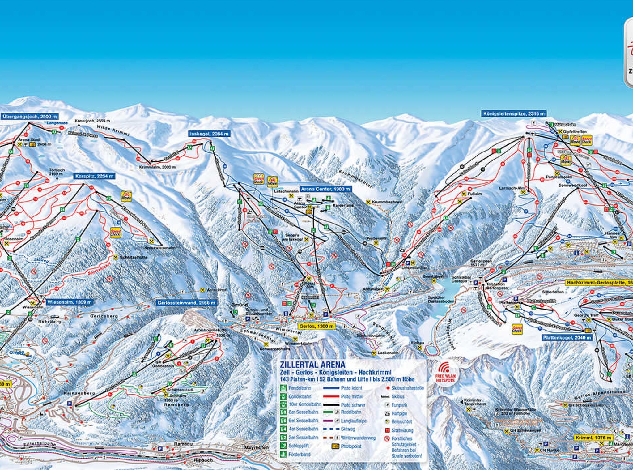 Eine detaillierte Skigebietskarte mit markierten Skipisten, Liften und wichtigen Orten wie der Zillertal Arena.