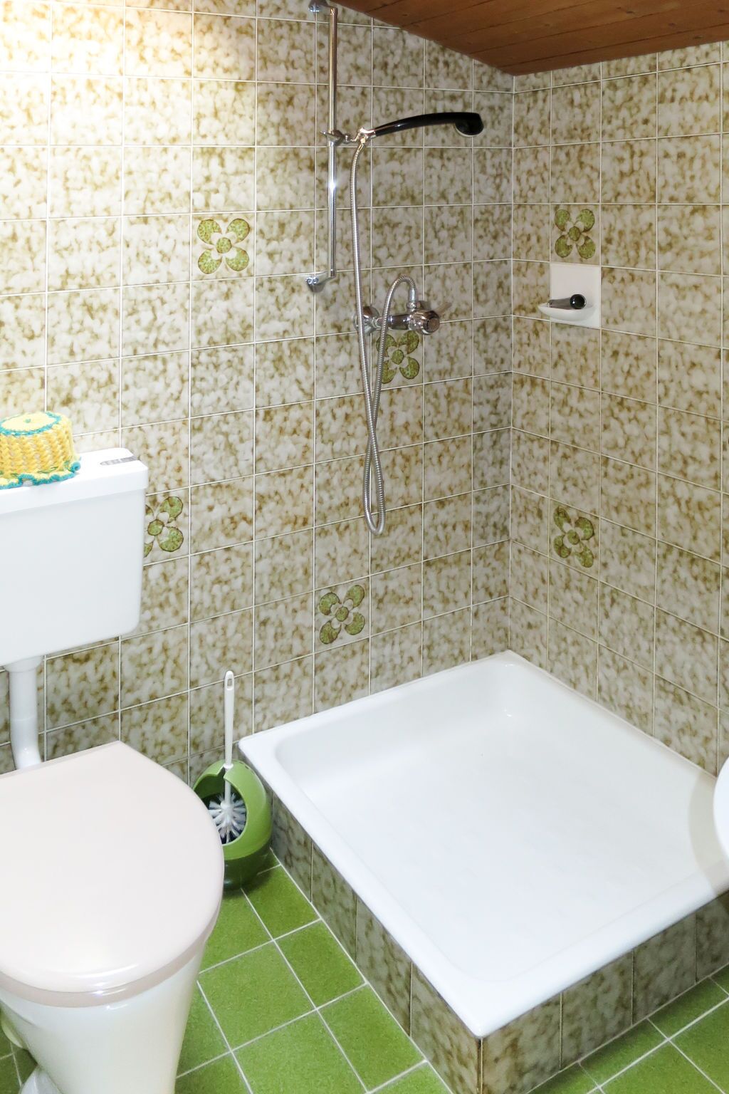 Une salle de bain avec douche, toilettes et lavabo.