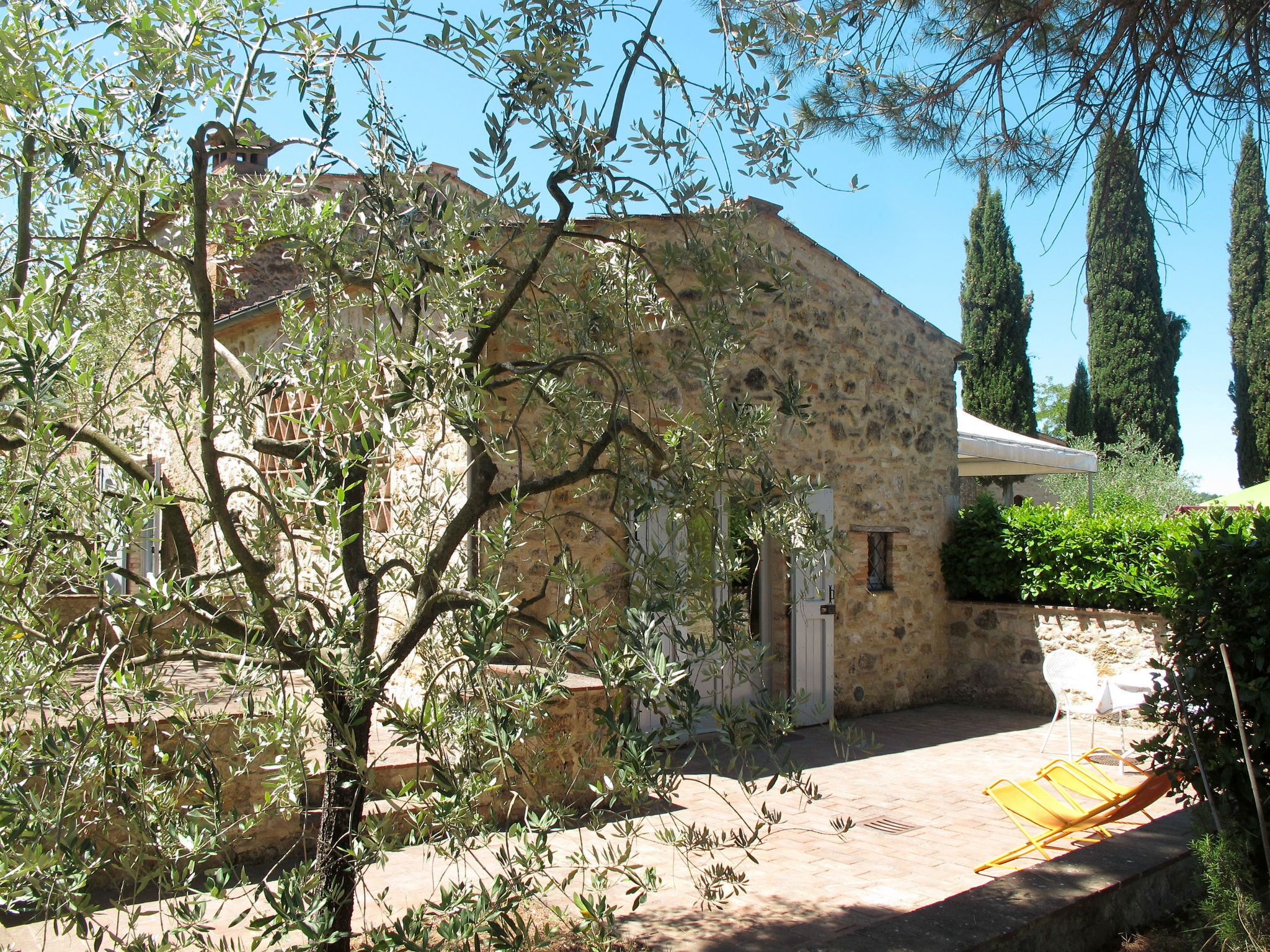 A stone building with a door and windows, surrounded by olive trees and a paved area with yellow chairs.