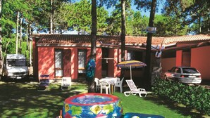 Un jardin avec une piscine, des chaises longues, une table avec un parasol et une voiture garée à proximité.